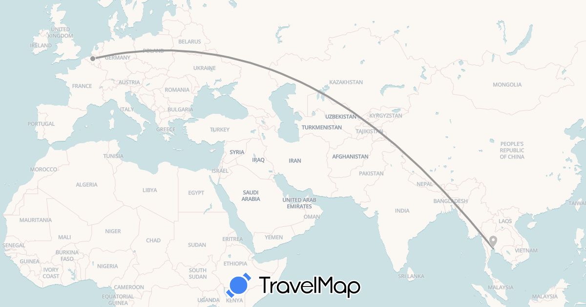 TravelMap itinerary: driving, plane in Belgium, Thailand (Asia, Europe)